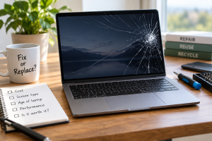 Laptop with a cracked screen on a repair bench in Crawley